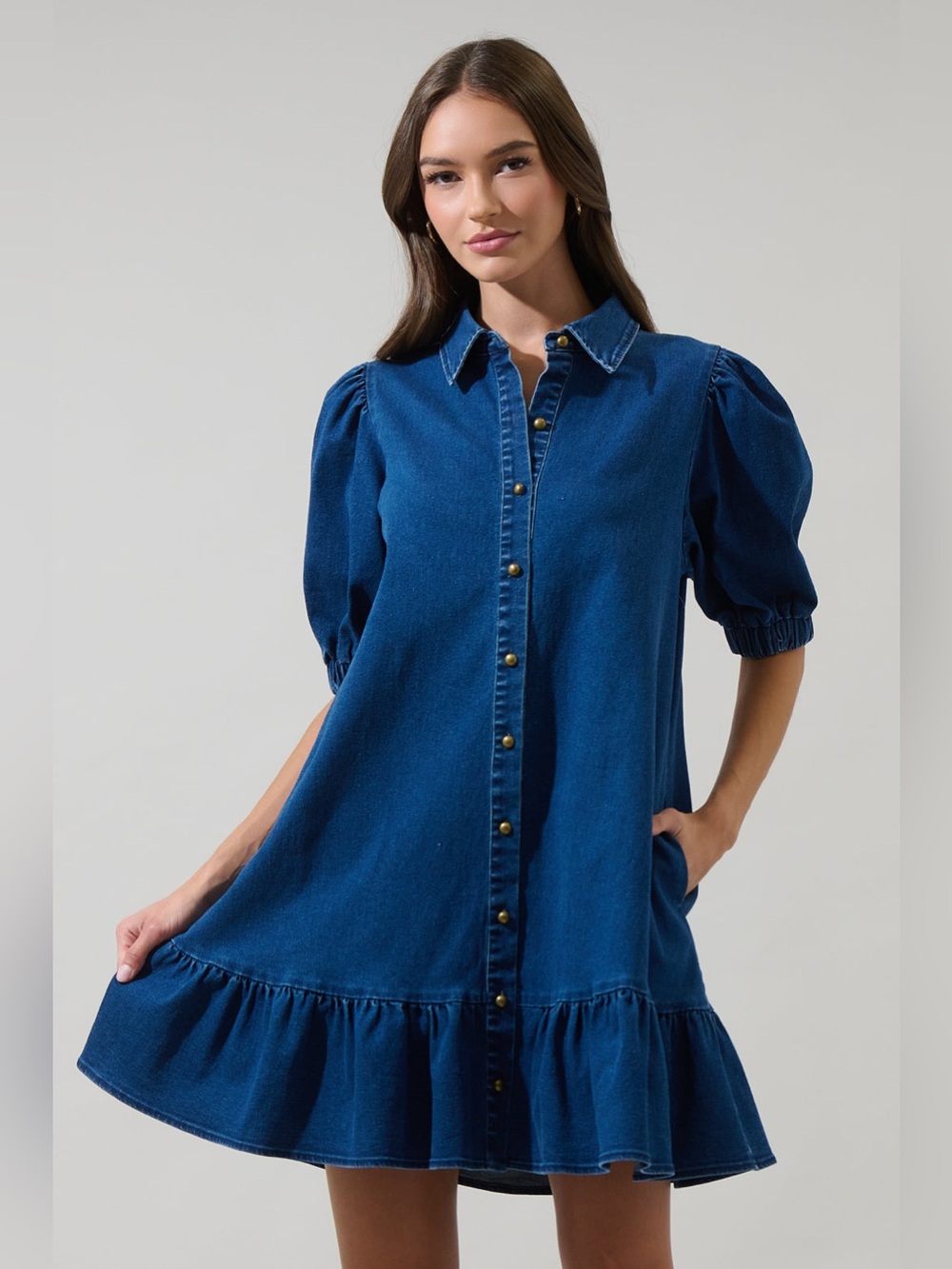 Sugarlips Jamie Denim Puff Sleeve Button Down Mini Dress - Blue size XS
